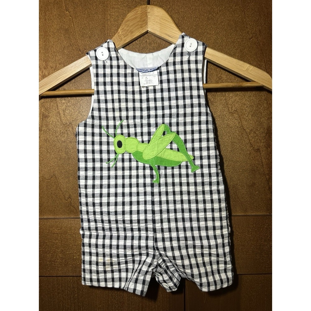 Kelly's Kids Jon Jon 12M Black White Gingham Grasshopper Shortall Outfit - Picture 2 of 5